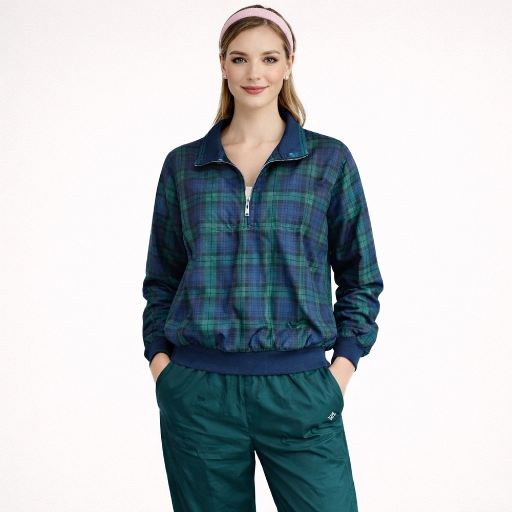 Jerzees Womens Plaid Tracksuit Set Jacket Pants Green Blue Vintage